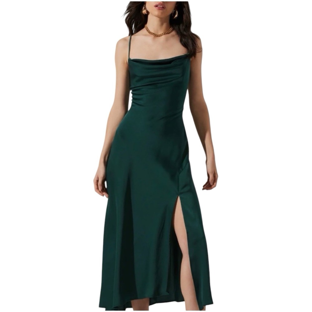 ASTR The Label Gaia Midi Dress Hunter Green Cowl Neck Slit Strappy Back XL